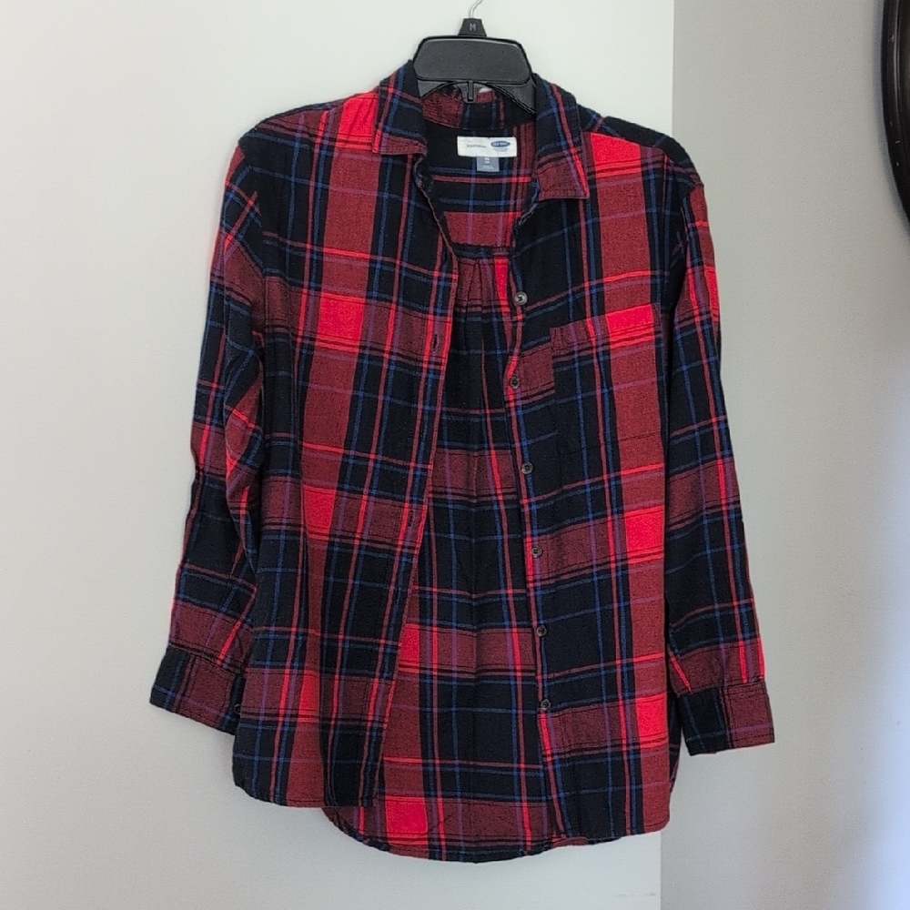 Women's Red and Blue Plaid Old Navy Button-Up Flannel Shirt